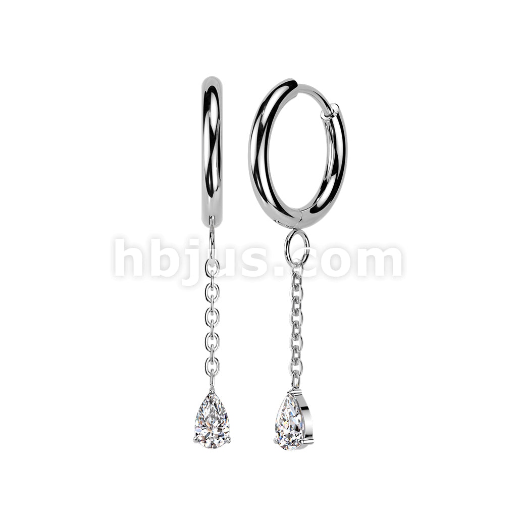 316L Surgical Steel Pair of 316L Hinged Hoop Earrings With Teardrop CZ... - Image 3