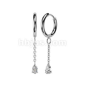316L Surgical Steel Pair of 316L Hinged Hoop Earrings With Teardrop CZ... - Image 3