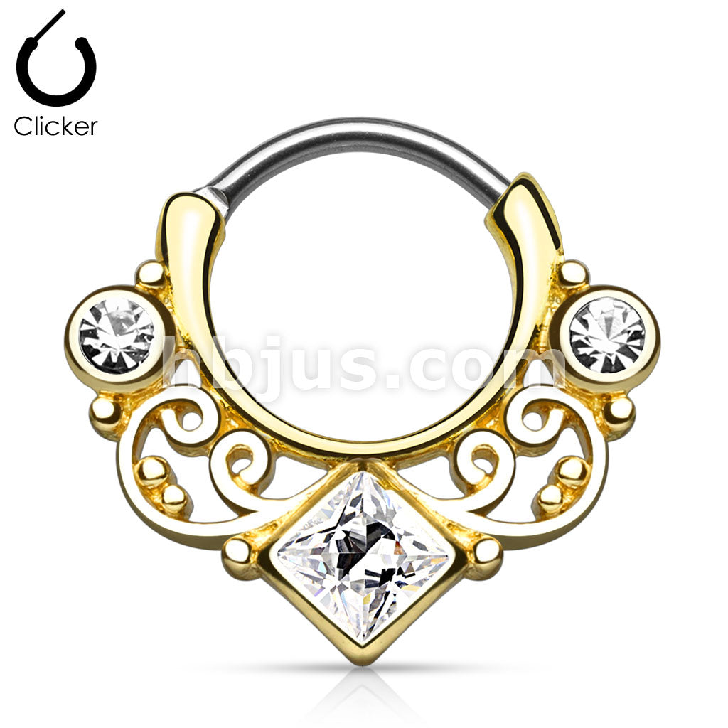 316L Surgical Steel Lace Swirl Gem w/ Square CZ Center Gold IP Septum... - Image 2