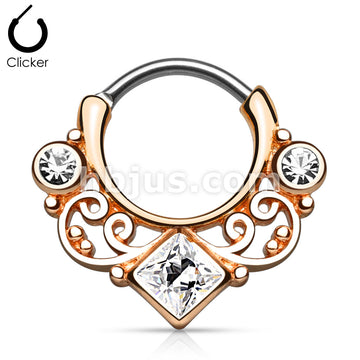 316L Surgical Steel Lace Swirl Gem w/ Square CZ Center Gold IP Septum... - Image 3