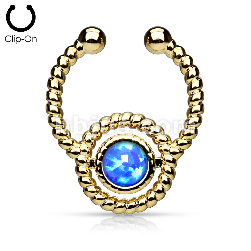Roped Circle with Single Opal Non-Piercing Gold IP Brass Septum Hanger - Image 2