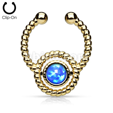 Roped Circle with Single Opal Non-Piercing Gold IP Brass Septum Hanger - Image 2