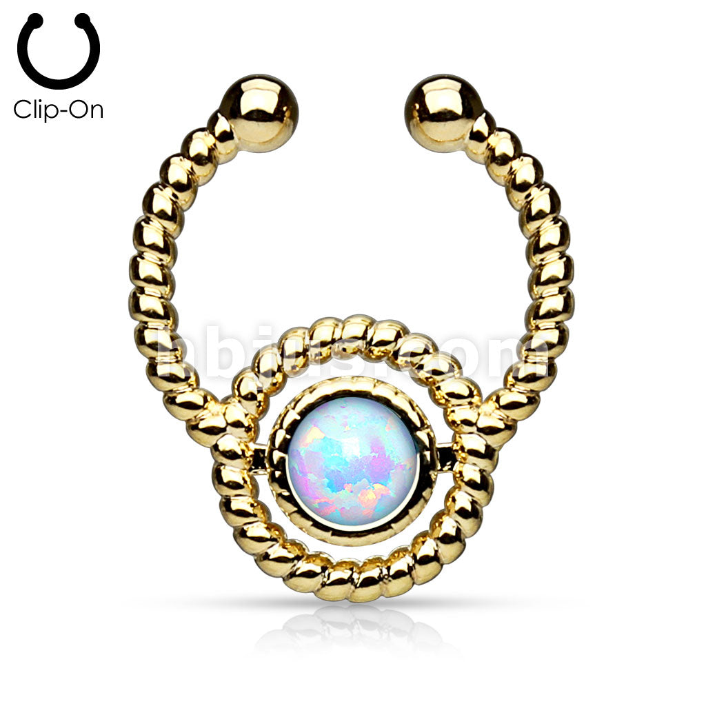 Roped Circle with Single Opal Non-Piercing Gold IP Brass Septum Hanger - Image 3