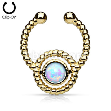 Roped Circle with Single Opal Non-Piercing Gold IP Brass Septum Hanger - Image 3
