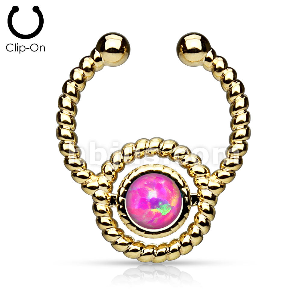 Roped Circle with Single Opal Non-Piercing Gold IP Brass Septum Hanger - Image 4