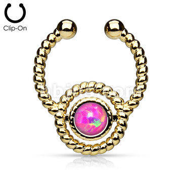 Roped Circle with Single Opal Non-Piercing Gold IP Brass Septum Hanger - Image 4