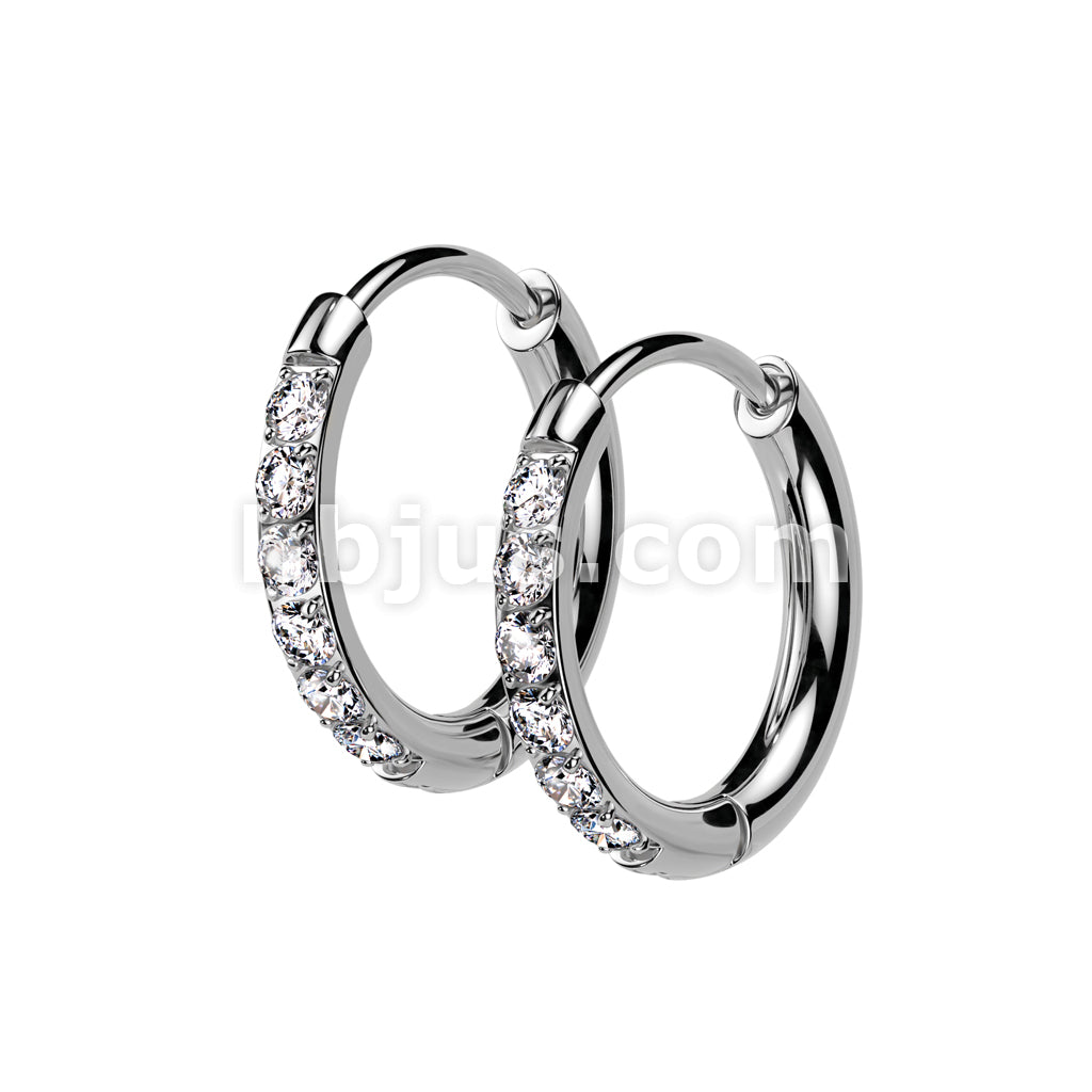 316L Surgical Steel Pair of 316L Stainless Steel Hoop Earrings With CZ Pave - Image 2