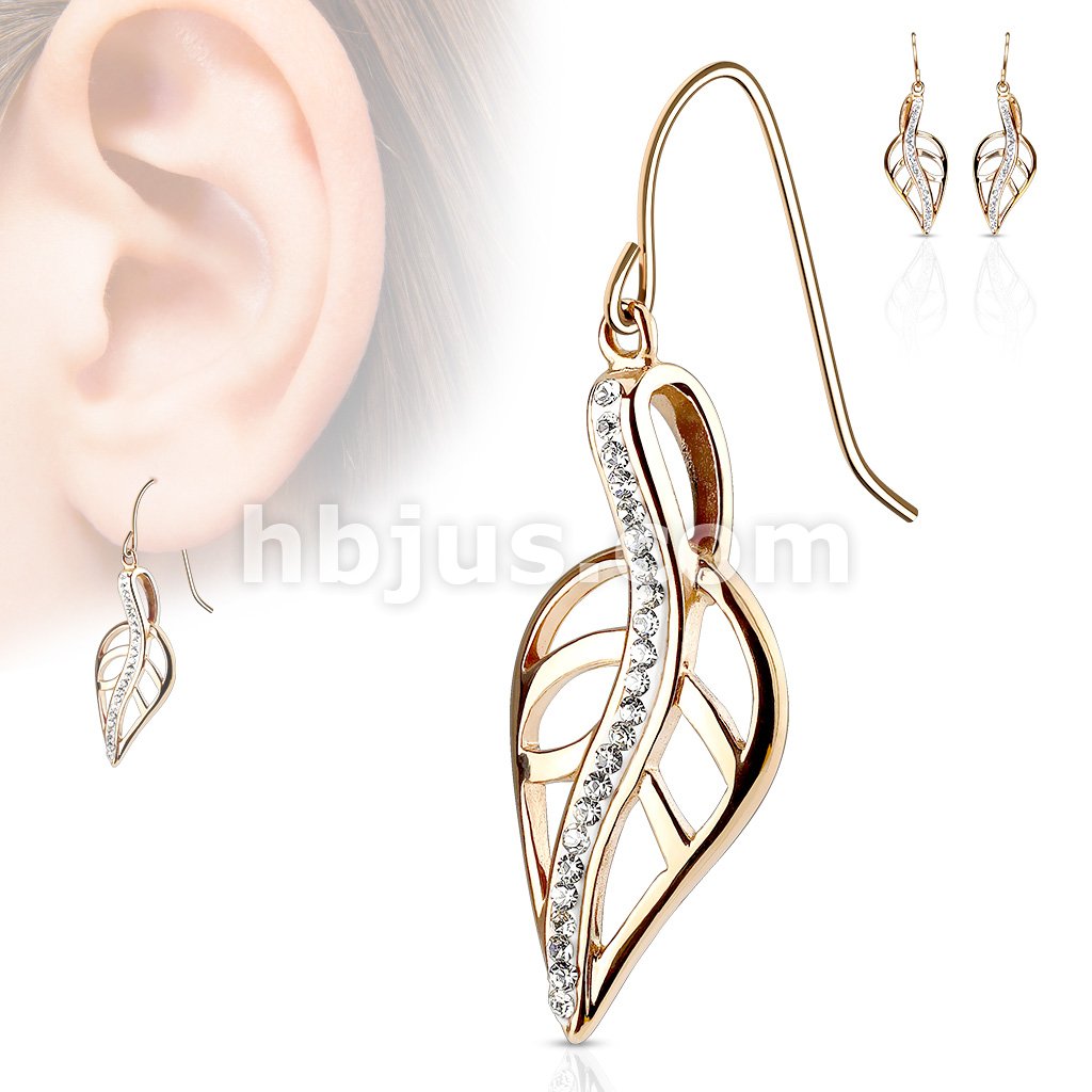 316L Surgical Steel Pair of CZ Lined Leaf Stainless Steel Hook Earrings - Image 2