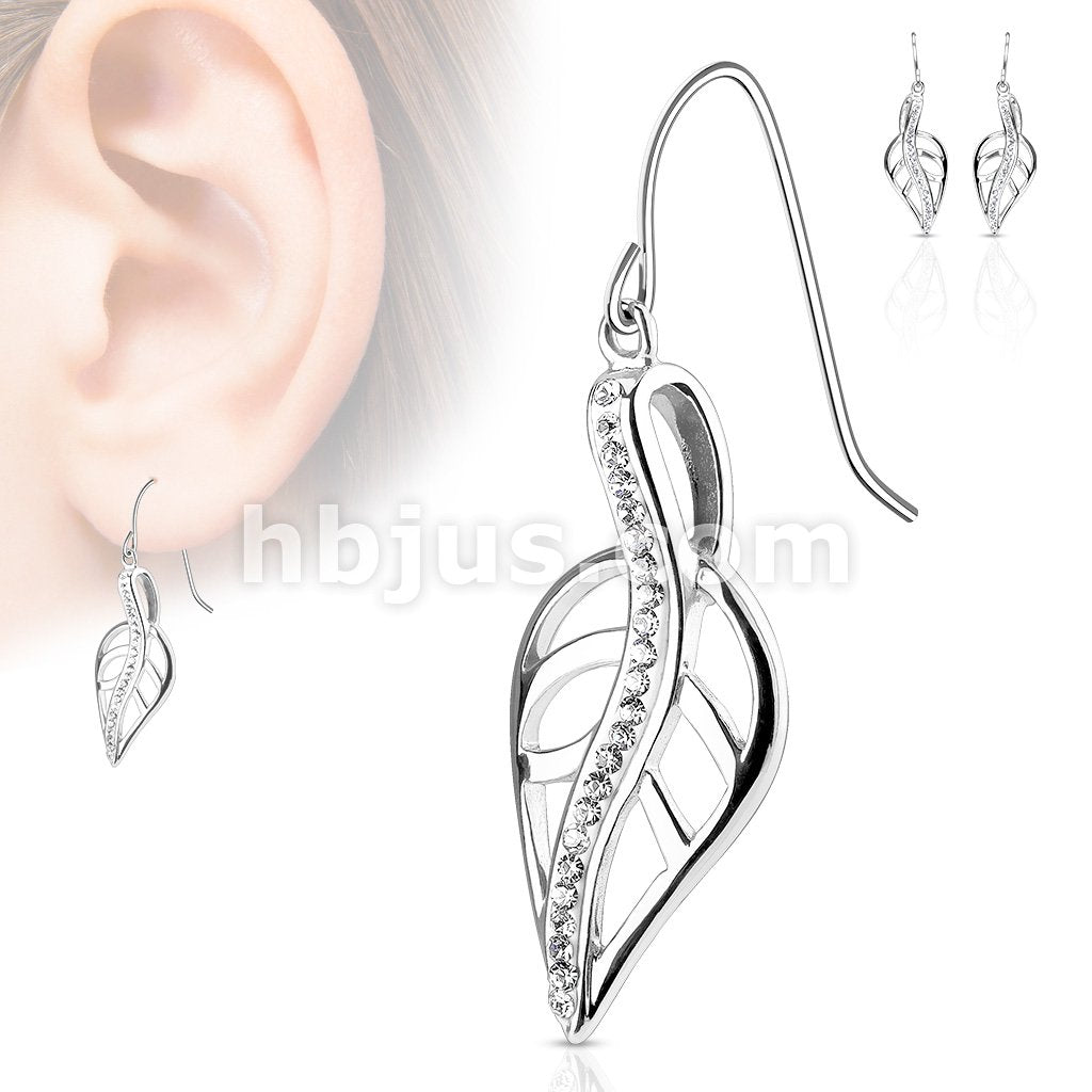 316L Surgical Steel Pair of CZ Lined Leaf Stainless Steel Hook Earrings - Image 3