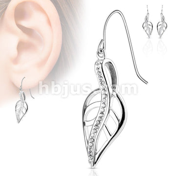 316L Surgical Steel Pair of CZ Lined Leaf Stainless Steel Hook Earrings - Image 3