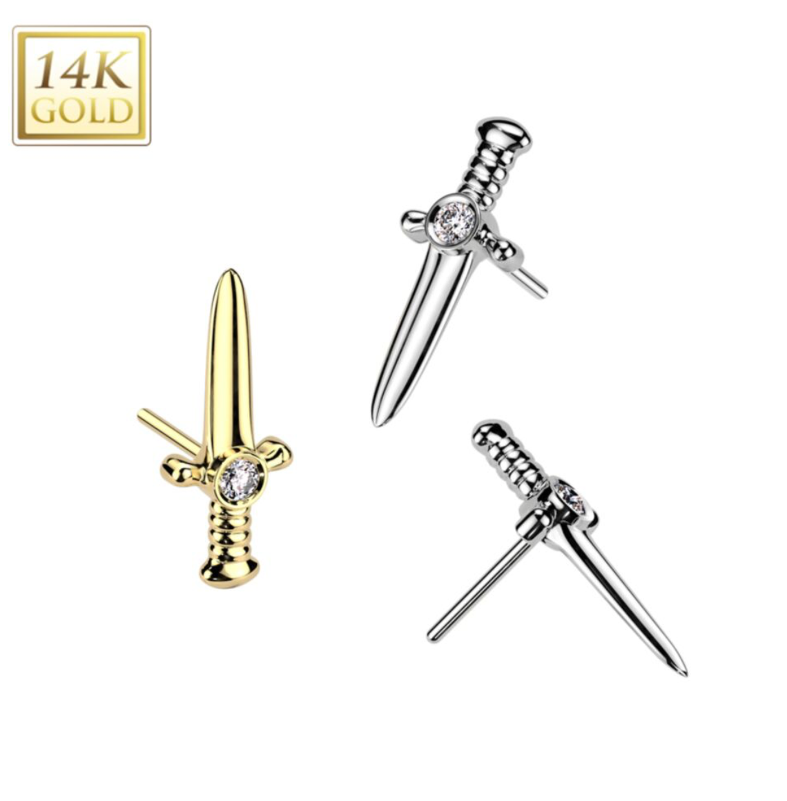 14K Gold Threadless Push In CZ Center Dagger Top