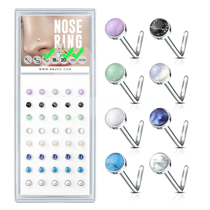 Semi Precious Stone Set 316L Surgical Steel L Bend Nose Stud