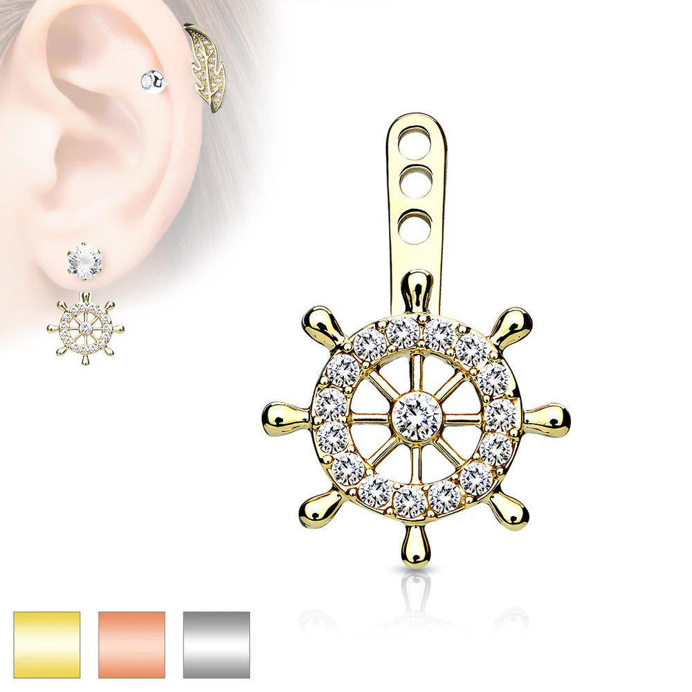 Ship Wheel Pave CZ Helm Earring Jacket / Cartilage Stud Add on Dangle