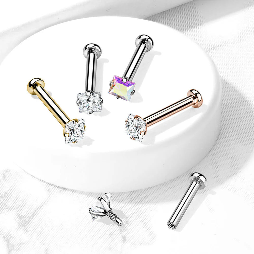 Sqaure CZ Prong Set Top Internally Threaded 316L Surgical Steel Labret,...
