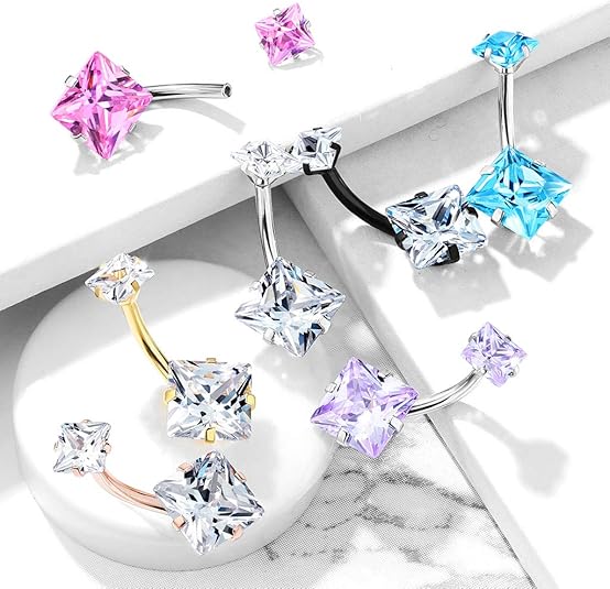 Square CZ Prong Set with Internal thread Top Double Jeweled 316L...