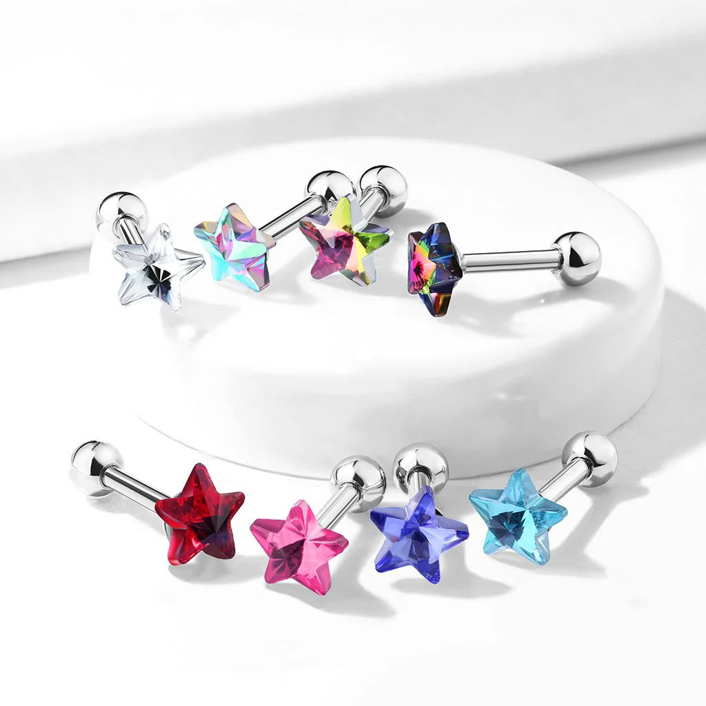 Star Crystal Top 316L Surgical Steel Cartilage, Tragus Barbell Studs