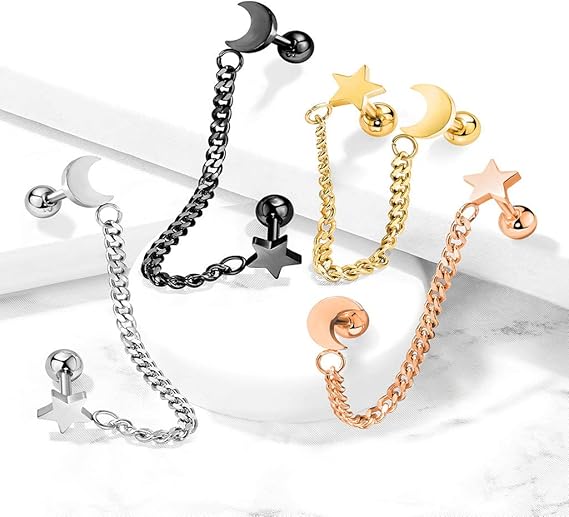 Star and Chain Linked Crescent Moon Cartilage Barbells 316L Surgical Steel