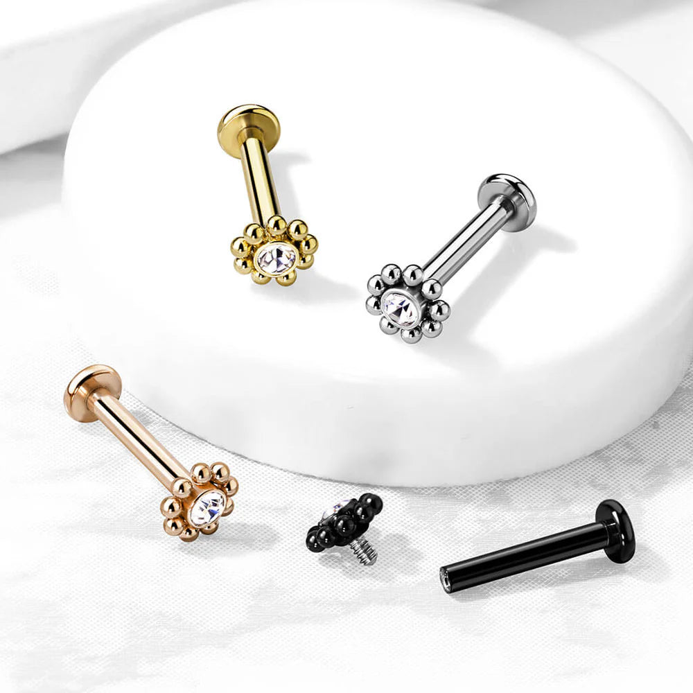 Steel Balls Around Gem Set Ball Top 316L Surgical Steel Internal Thread...