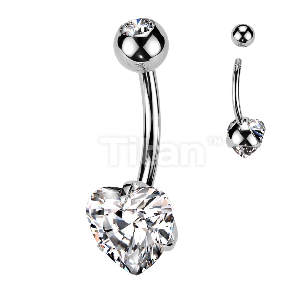 Implant Grade Titanium Externally Threaded Double Jewel Prong Set Heart CZ Belly Button Ring - Image 2