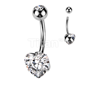 Implant Grade Titanium Externally Threaded Double Jewel Prong Set Heart CZ Belly Button Ring - Image 2