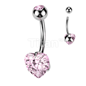 Implant Grade Titanium Externally Threaded Double Jewel Prong Set Heart CZ Belly Button Ring - Image 5