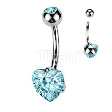 Implant Grade Titanium Externally Threaded Double Jewel Prong Set Heart CZ Belly Button Ring - Image 6