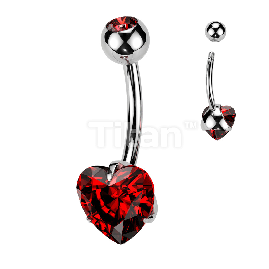 Implant Grade Titanium Externally Threaded Double Jewel Prong Set Heart CZ Belly Button Ring - Image 7