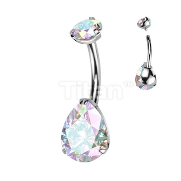 Implant Grade Titanium Internally Threaded Round Top CZ With Prong Set Pear CZ Belly Button Ring - Image 3