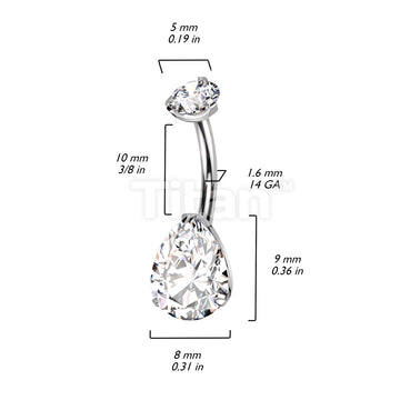Implant Grade Titanium Internally Threaded Round Top CZ With Prong Set Pear CZ Belly Button Ring - Image 13