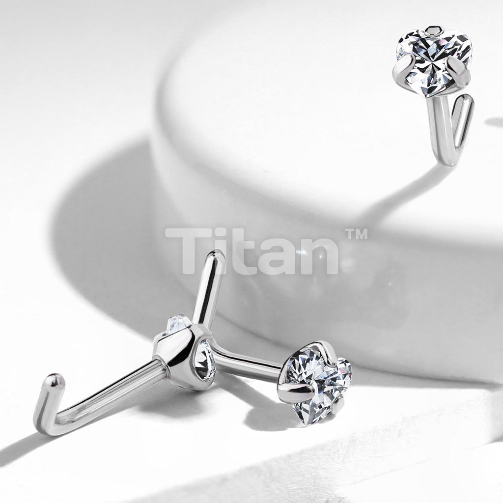 Implant Grade Titanium L Bend Nose Stud With Prong Set Heart CZ - Image 4