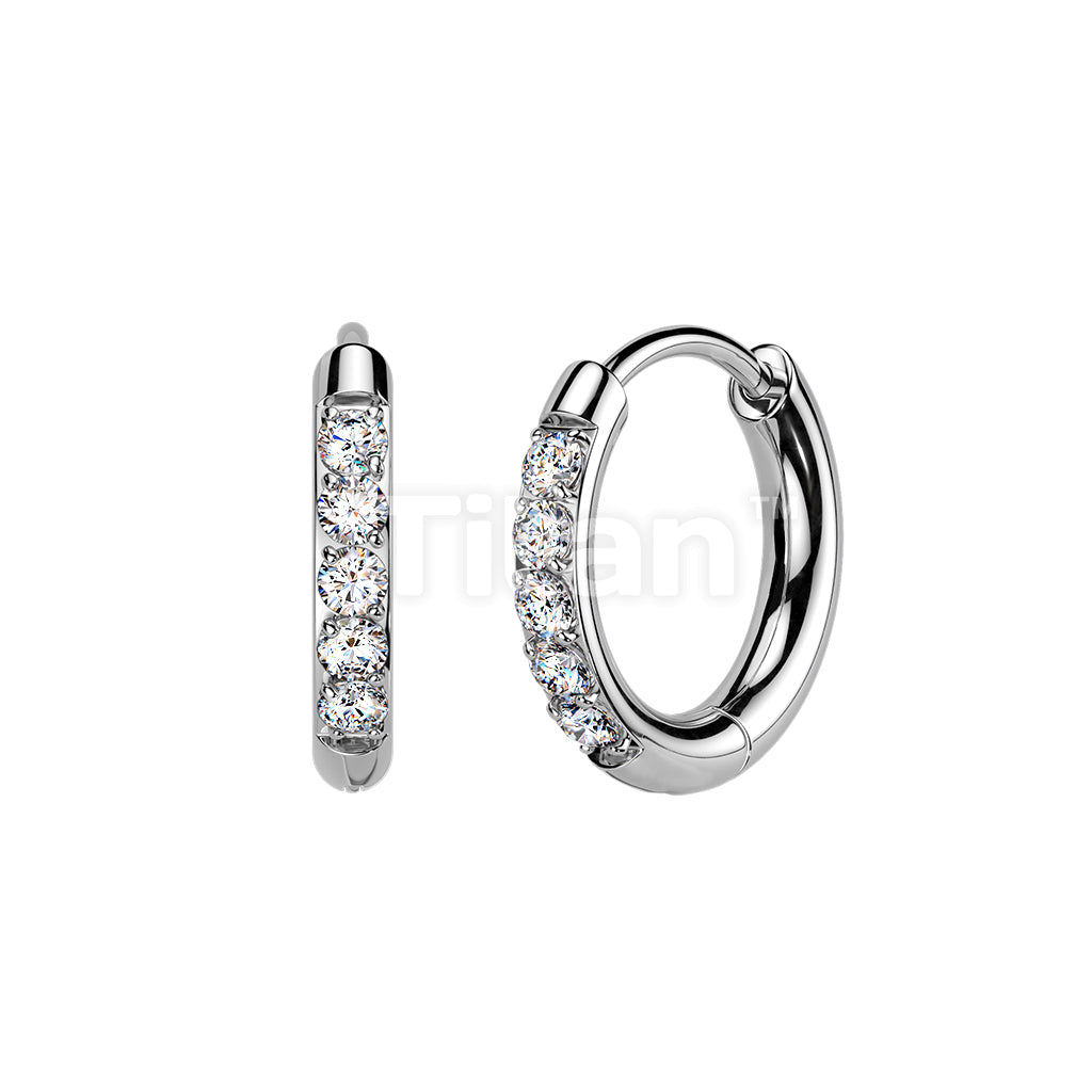 Pair of Implant Grade Titanium 2mm Thick Hinged Round Hoop With CNC Set CZ Earrings - Image 3