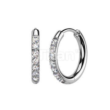 Pair of Implant Grade Titanium 2mm Thick Hinged Round Hoop With CNC Set CZ Earrings - Image 5