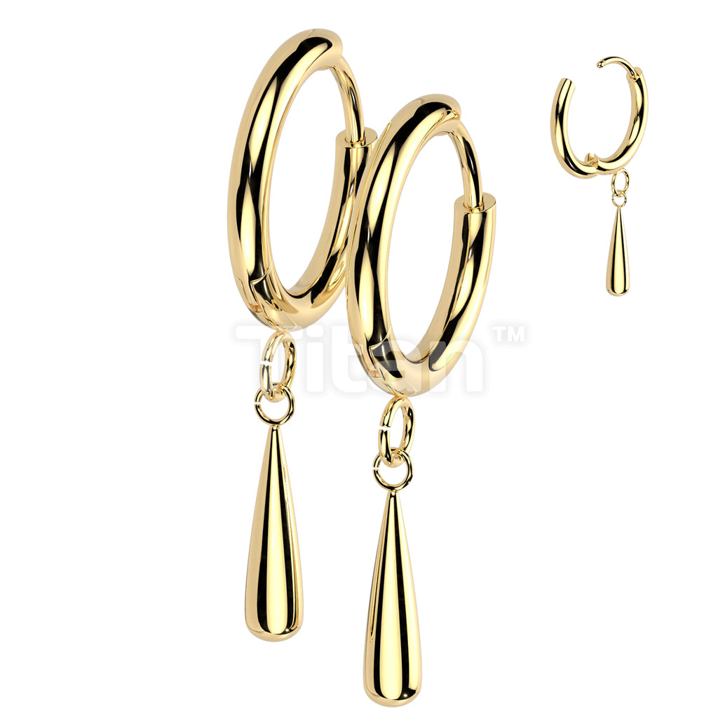 Pair of Implant Grade Titanium 2mm Thick Hinged Plain Round Hoop Earrings With Teardrop Dangle - Image 2