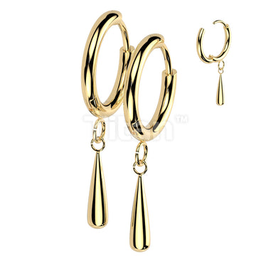 Pair of Implant Grade Titanium 2mm Thick Hinged Plain Round Hoop Earrings With Teardrop Dangle - Image 2