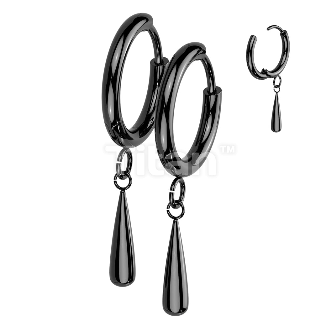 Pair of Implant Grade Titanium 2mm Thick Hinged Plain Round Hoop Earrings With Teardrop Dangle - Image 3