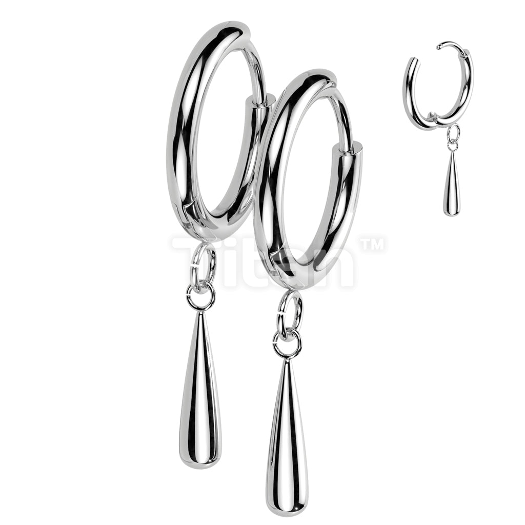 Pair of Implant Grade Titanium 2mm Thick Hinged Plain Round Hoop Earrings With Teardrop Dangle - Image 4