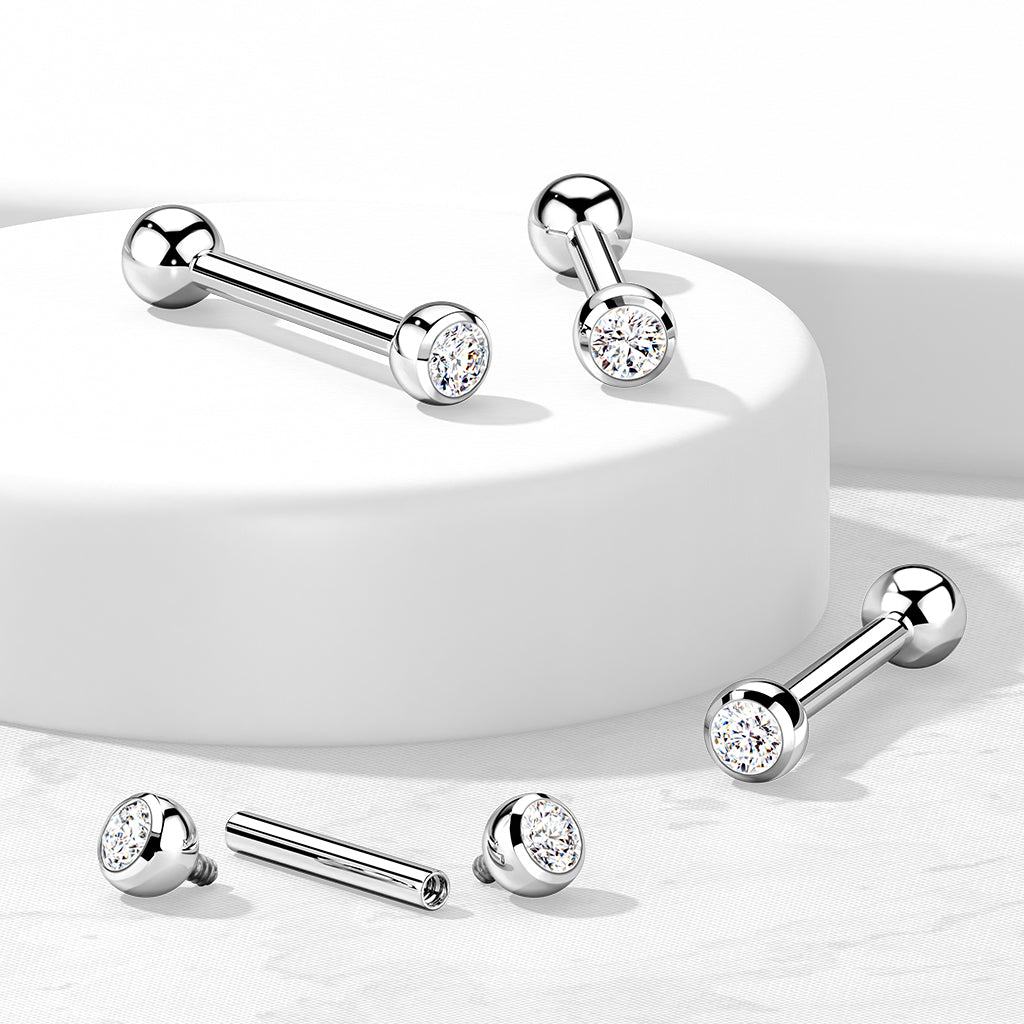 Implant Grade Titanium Internally Threaded Cartilage Barbell With CZ Bezel Set Ball Ends