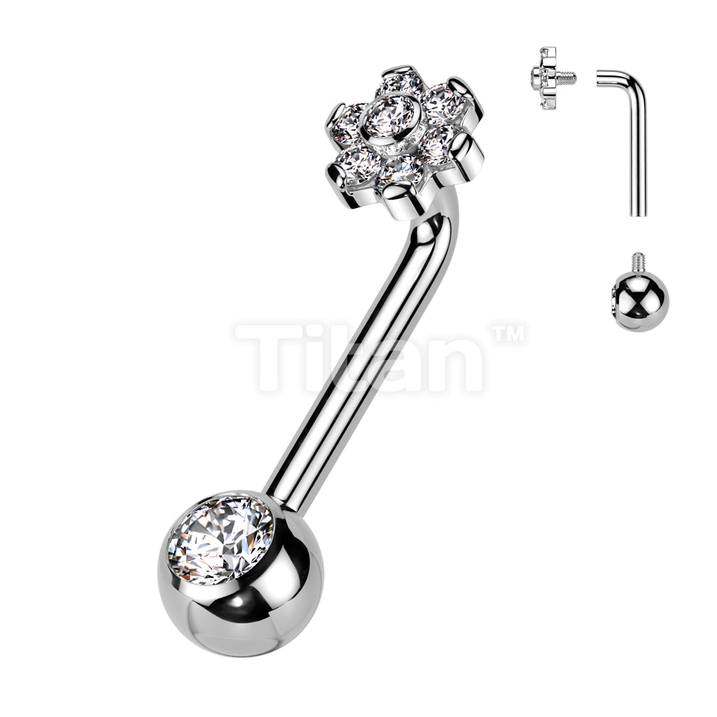 Implant Grade Titanium Internally Threaded L Bent Christina Piercing With CZ Flower Top and Pressed Fit Gem End - Image 2