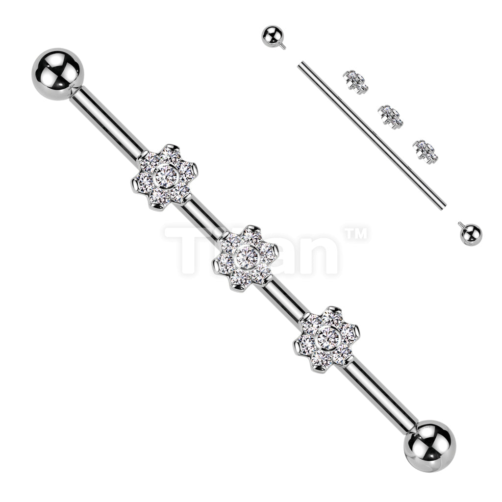 Implant Grade Titanium Internally Threaded Industrial Barbell With Three Titanium 6-CZ Flowers on Threaded Bar - Image 2