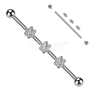 Implant Grade Titanium Internally Threaded Industrial Barbell With Three Titanium 6-CZ Flowers on Threaded Bar - Image 2
