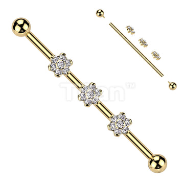 Implant Grade Titanium Internally Threaded Industrial Barbell With Three Titanium 6-CZ Flowers on Threaded Bar - Image 3