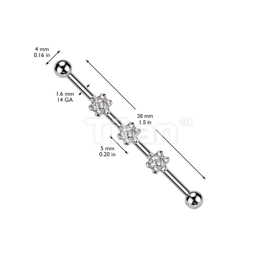 Implant Grade Titanium Internally Threaded Industrial Barbell With Three Titanium 6-CZ Flowers on Threaded Bar - Image 4