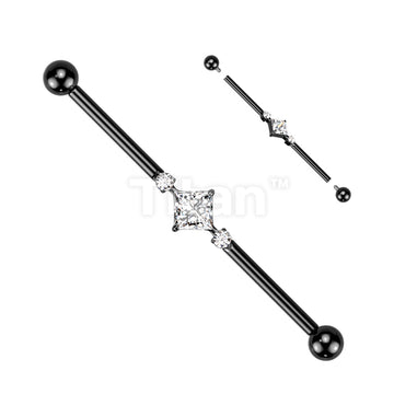 Implant Grade Titanium Internally Threaded Industrial Barbell With Square CZ Center and 2 Round CZs - Image 4