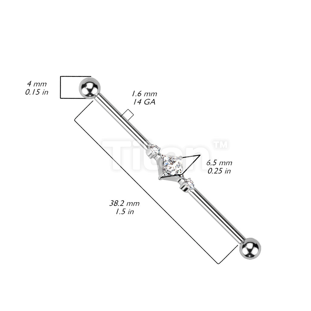 Implant Grade Titanium Internally Threaded Industrial Barbell With Square CZ Center and 2 Round CZs - Image 5