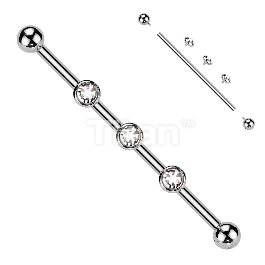 Implant Grade Titanium Internally Threaded Industrial Barbell With Three Titanium Flat Bezel Set Crystal or Opal Top on Threaded Bar - Image 2