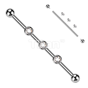 Implant Grade Titanium Internally Threaded Industrial Barbell With Three Titanium Flat Bezel Set Crystal or Opal Top on Threaded Bar - Image 2