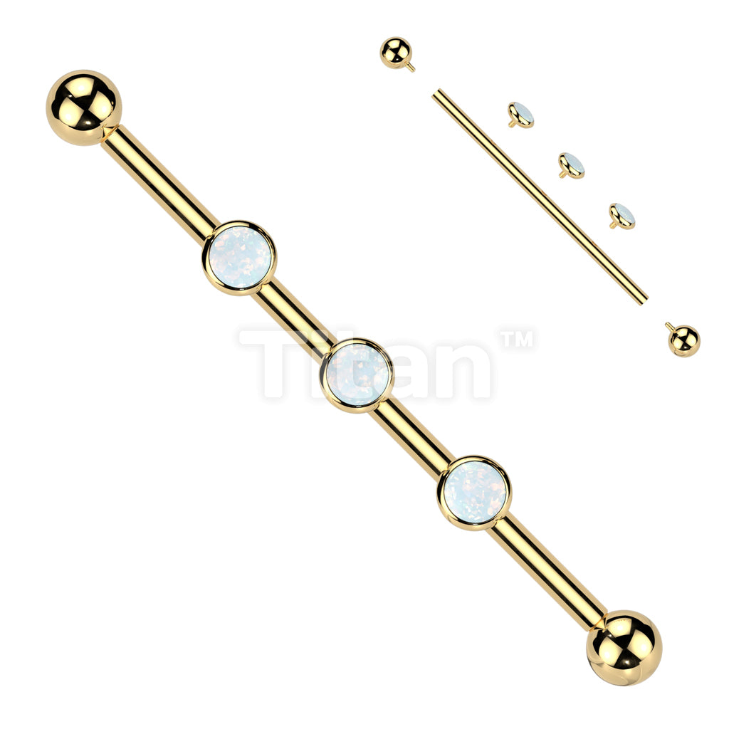Implant Grade Titanium Internally Threaded Industrial Barbell With Three Titanium Flat Bezel Set Crystal or Opal Top on Threaded Bar - Image 3