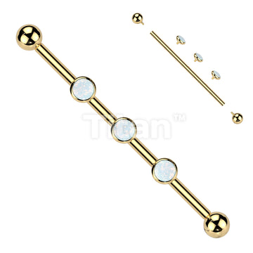 Implant Grade Titanium Internally Threaded Industrial Barbell With Three Titanium Flat Bezel Set Crystal or Opal Top on Threaded Bar - Image 3