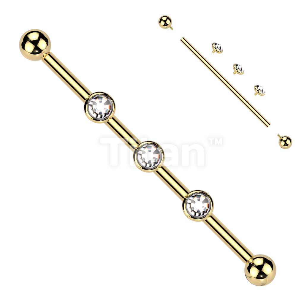 Implant Grade Titanium Internally Threaded Industrial Barbell With Three Titanium Flat Bezel Set Crystal or Opal Top on Threaded Bar - Image 4