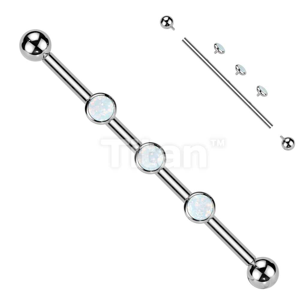 Implant Grade Titanium Internally Threaded Industrial Barbell With Three Titanium Flat Bezel Set Crystal or Opal Top on Threaded Bar - Image 5